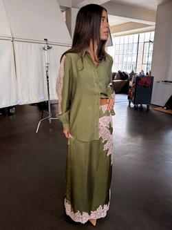 Never Fully Dressed Lily Lace Maxi Skirt, Khaki/Pink - view 2, Khaki/Pink