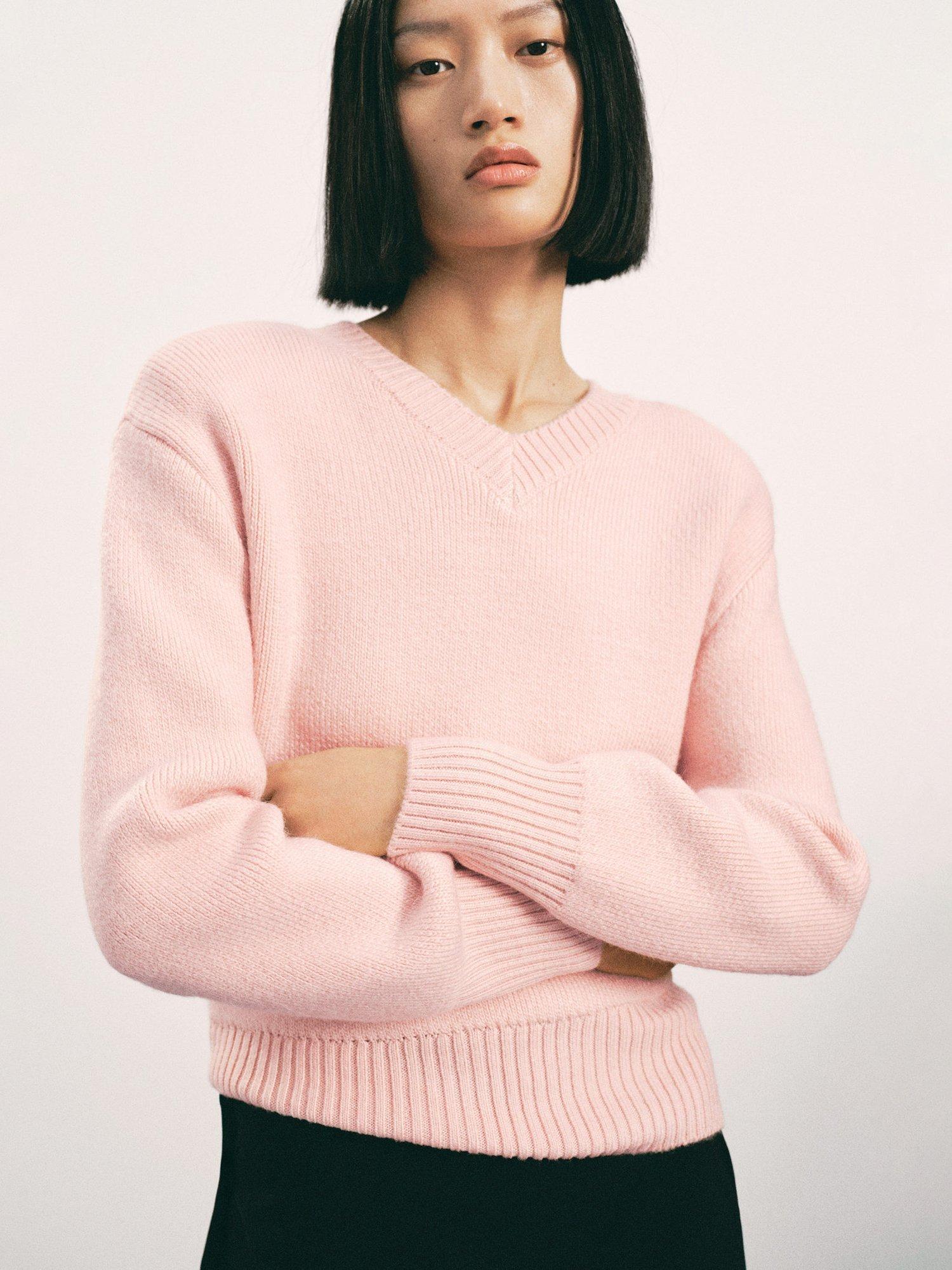 Product image 1 of 8, which shows Mango Wolfie V Neck Jumper, Light Pink, S