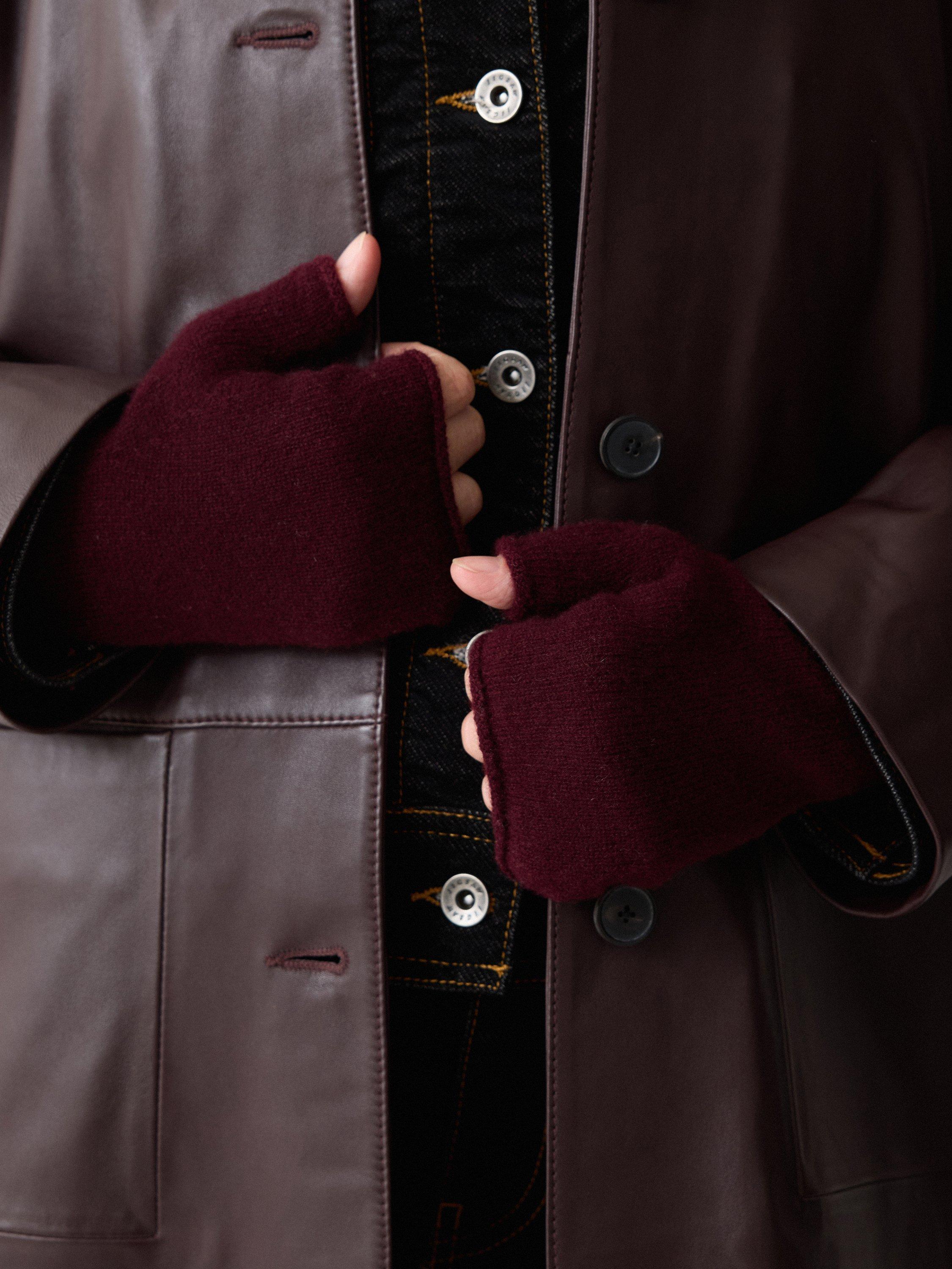 Product image 2 of 3, which shows Jigsaw Pure Cashmere Fingerless Gloves, Burgundy, One Size