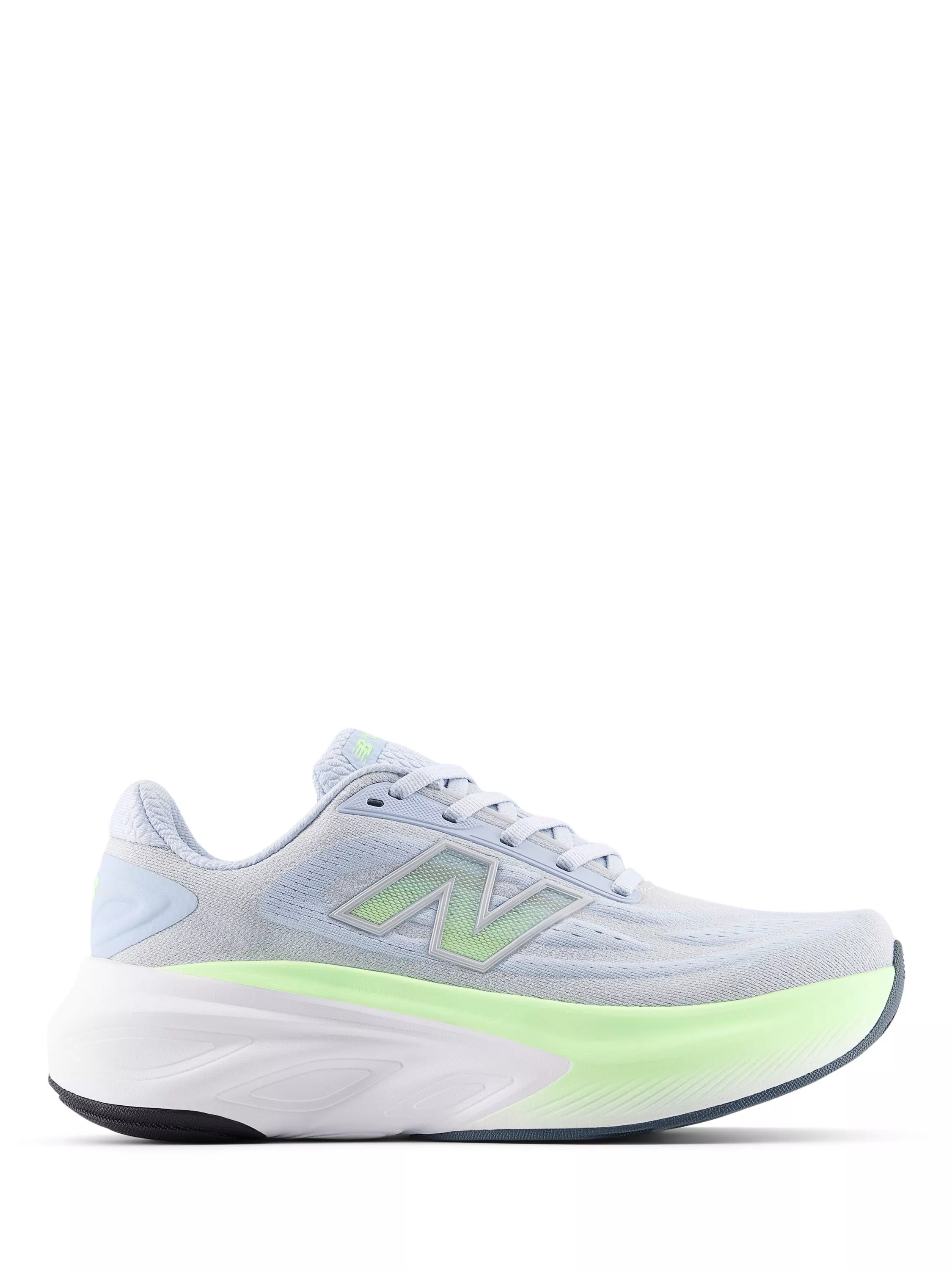 New Balance grey running trainer with lime green midsole cushioning, side profile on white background