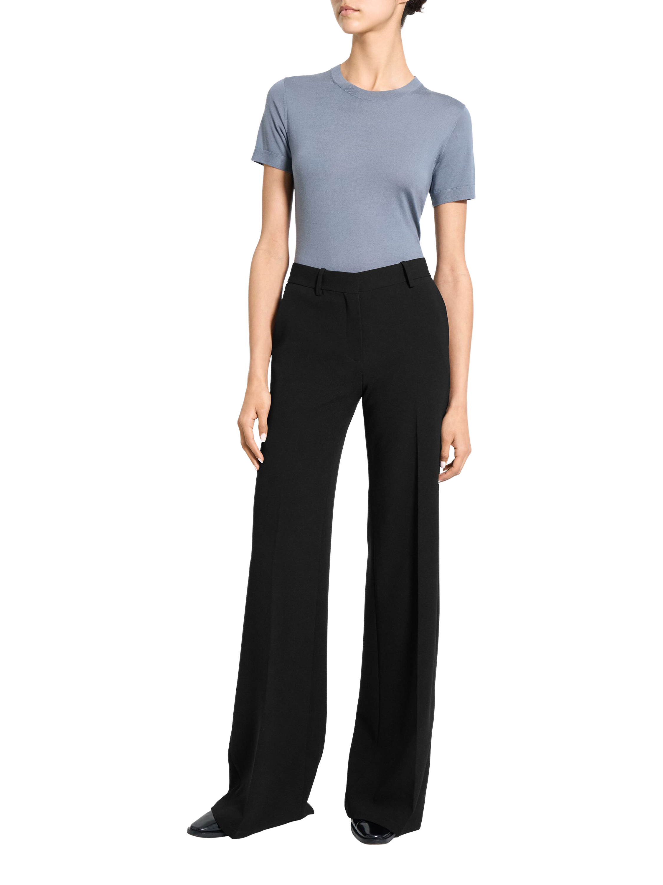 Product image 1 of 6, which shows Theory Fluid Crepe Flared Trousers, Black, 8