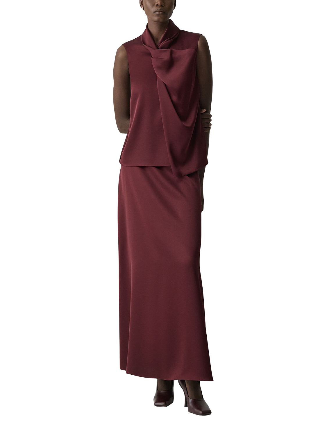 Product image 1 of 5, which shows Theory A-Line Satin Maxi Skirt, Burgundy, 8