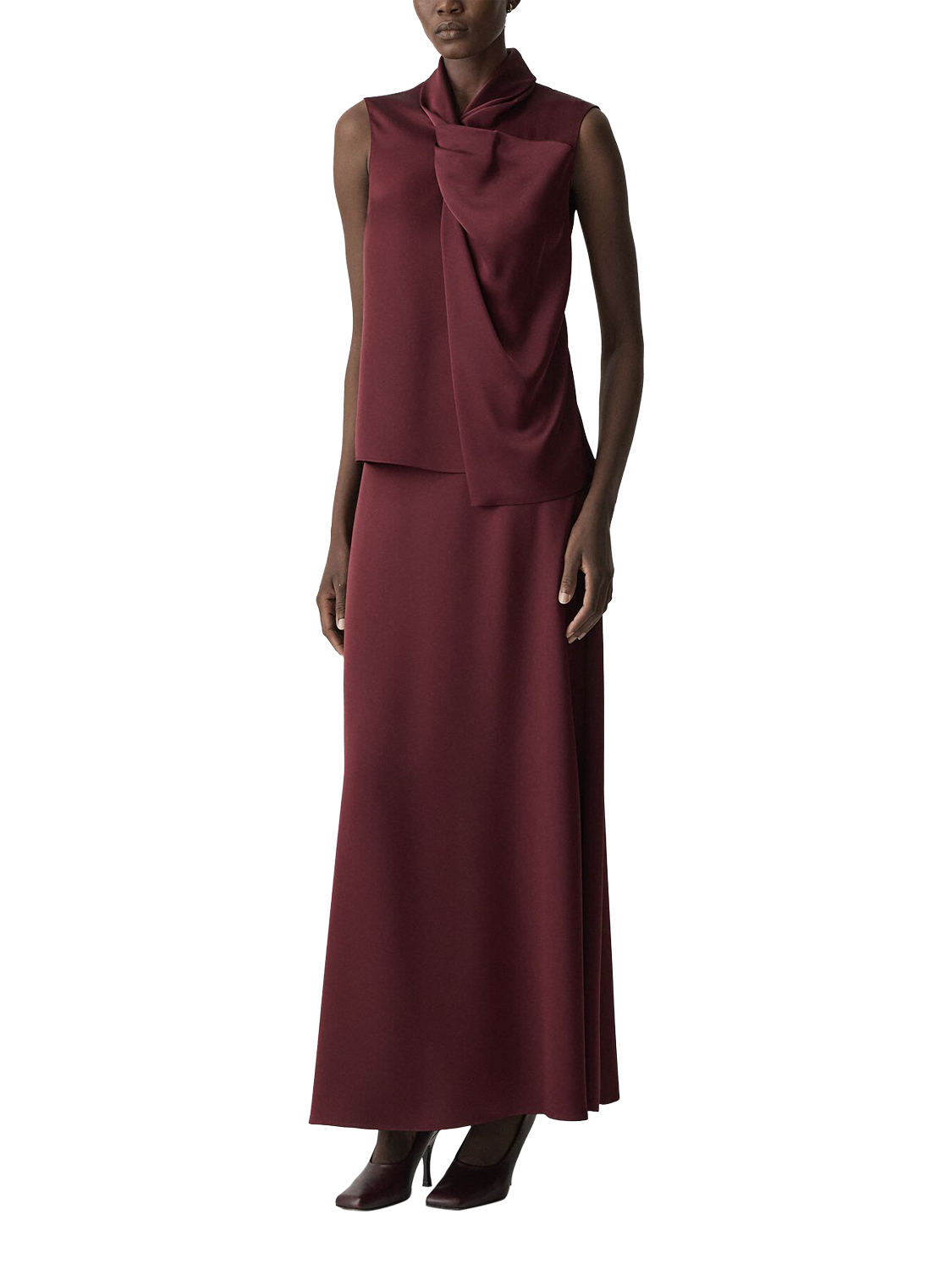 Product image 2 of 5, which shows Theory A-Line Satin Maxi Skirt, Burgundy, 8