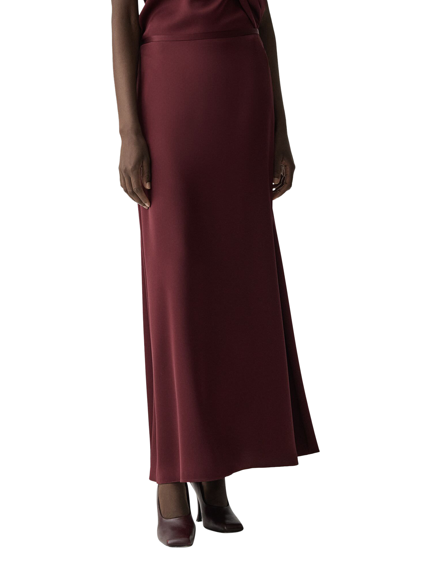 Product image 4 of 5, which shows Theory A-Line Satin Maxi Skirt, Burgundy, 8