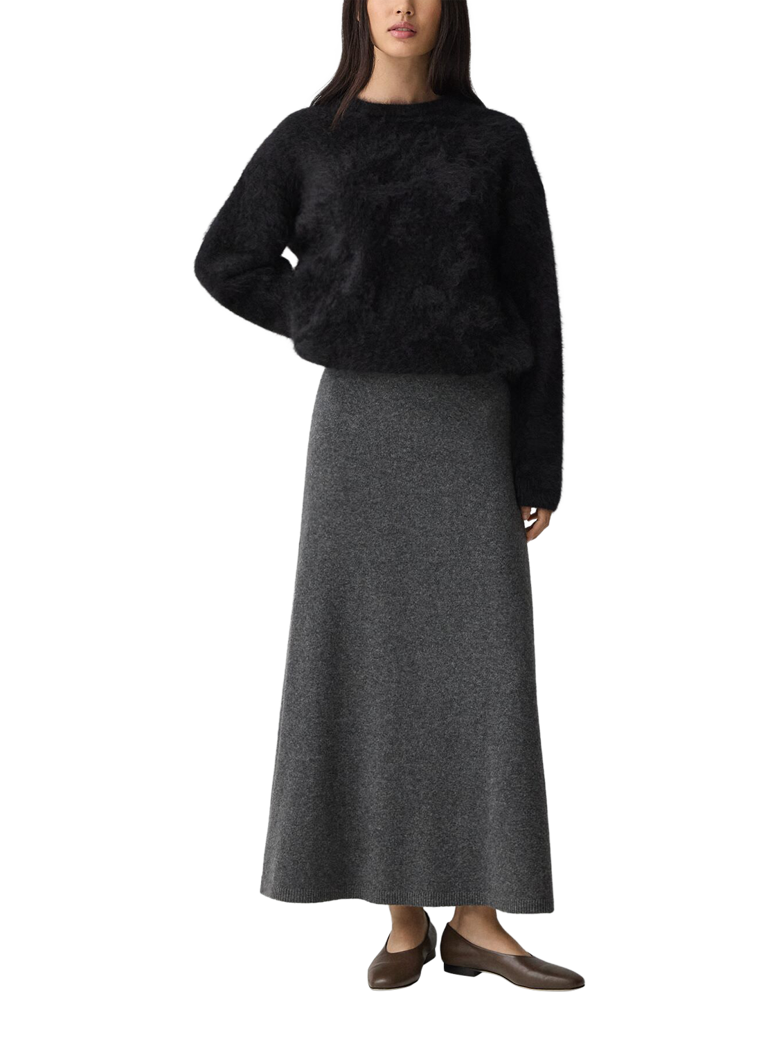 Product image 1 of 5, which shows Theory A-Line Knitted Wool Rich Skirt, Charcoal, S
