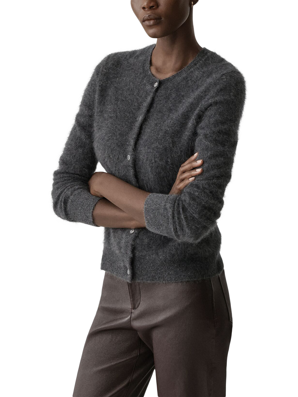 Product image 3 of 6, which shows Theory Brushed Cashmere Knit Cardigan, Grey, S