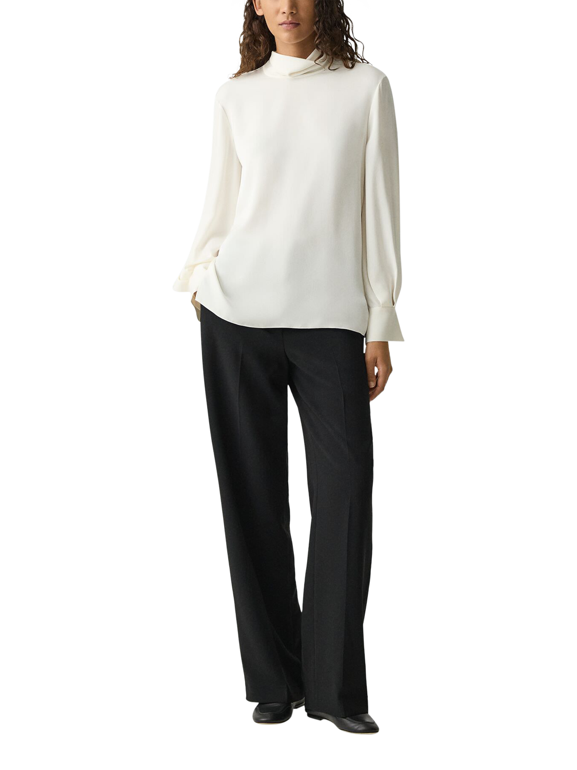 Product image 1 of 5, which shows Theory Draped Tie Neck Pure Silk Georgette Top, Ivory, S
