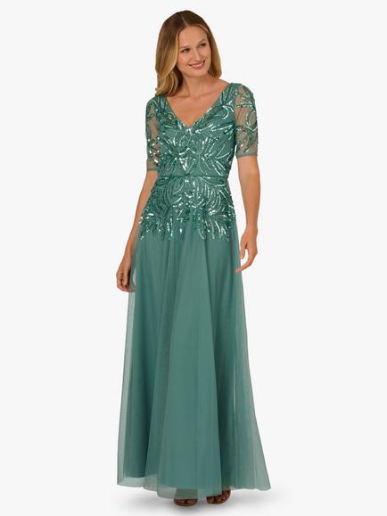 Adrianna Papell Studio Beaded Mesh Maxi Dress, Green Slate, Green Slate