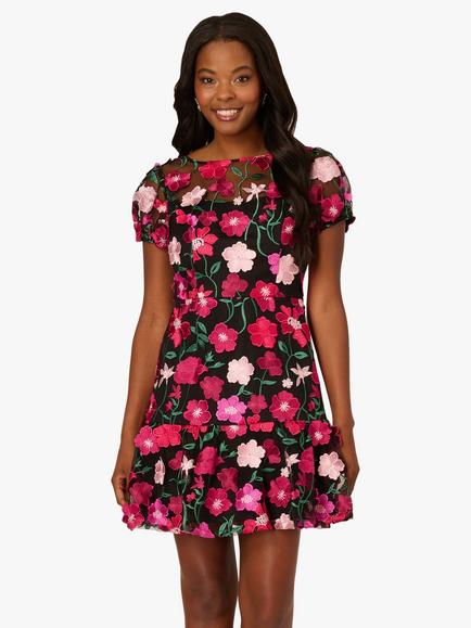 Adrianna Papell Embroidered Floral Flounce Hem Mini Cocktail Dress, Black/Berry, Black/Berry