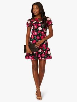 Adrianna Papell Embroidered Floral Flounce Hem Mini Cocktail Dress, Black/Berry - view 2, Black/Berry