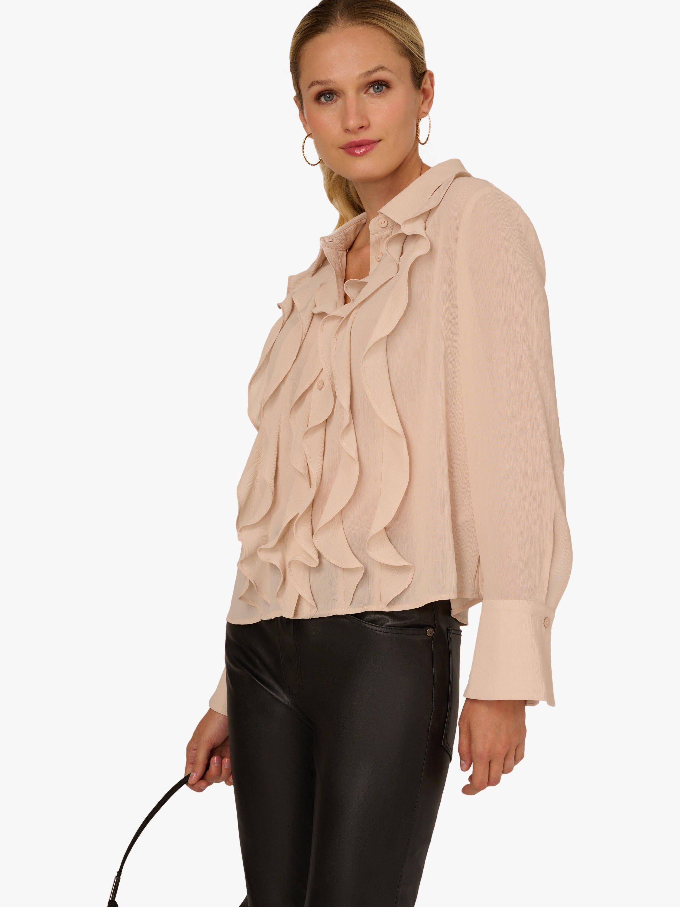Product image 4 of 7, which shows Adrianna Papell Ruffle Sheer Top, Champagne Blush, XS