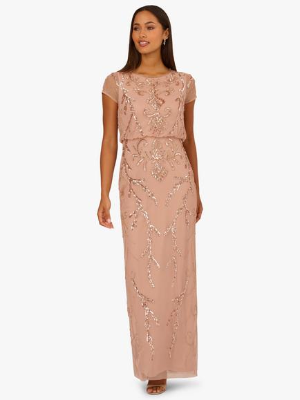 Adrianna Papell Studio Mesh Beaded Blouson Dress, Rose Gold, Rose Gold