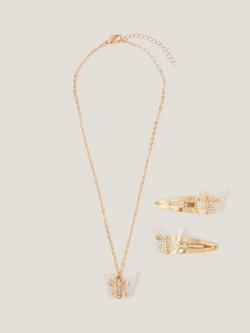 Monsoon Kids' Diamanté Butterfly Necklace and Hair Clip Set, Multi, Multi