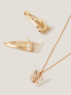 Monsoon Kids' Diamanté Butterfly Necklace and Hair Clip Set, Multi - view 2, Multi
