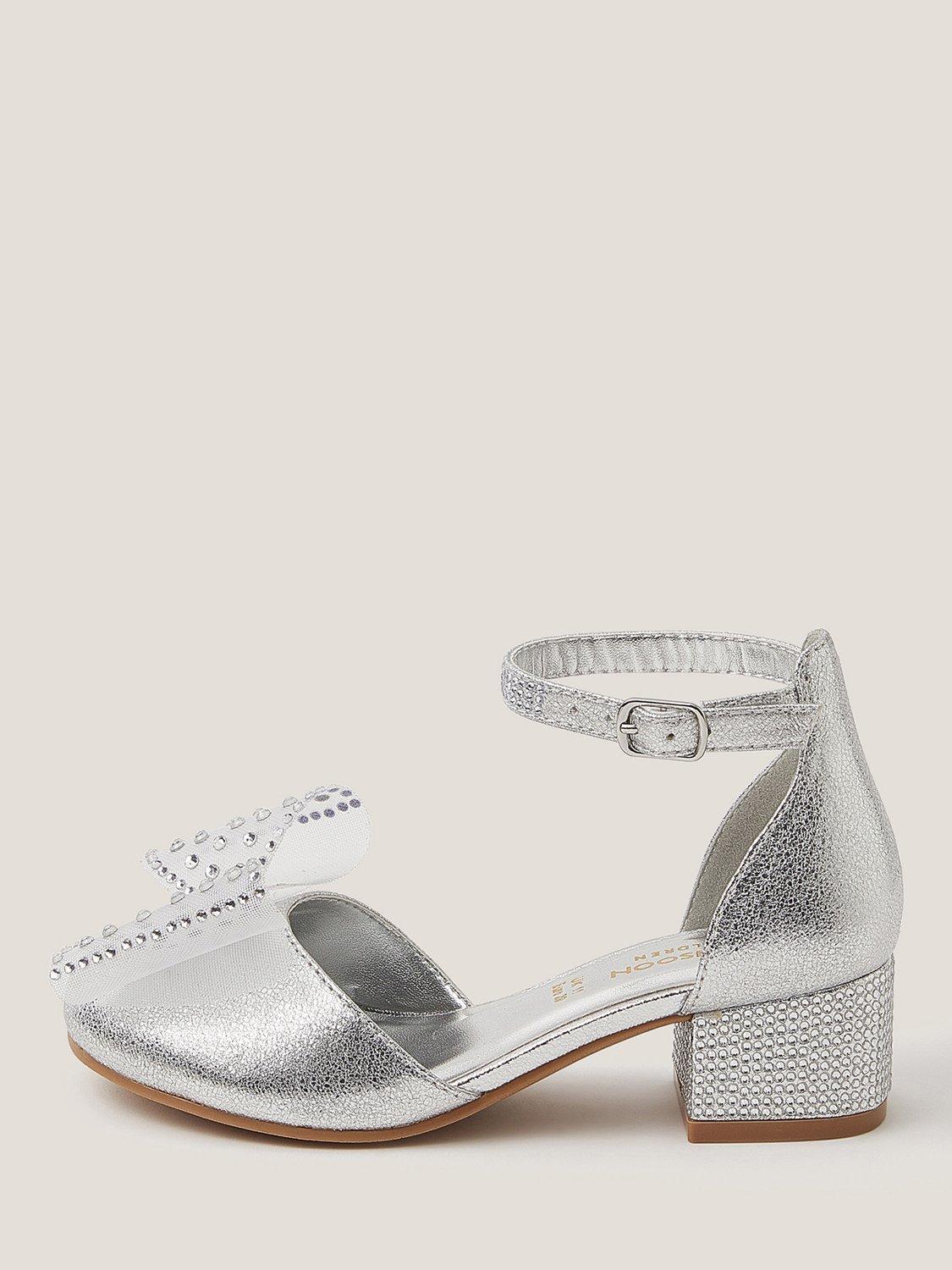 Product image 1 of 11, which shows Monsoon Kids' Diamanté Bow Metallic Two-Part Heels, Silver, 7 Jnr