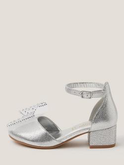 Monsoon Kids' Diamanté Bow Metallic Two-Part Heels, Silver, Silver