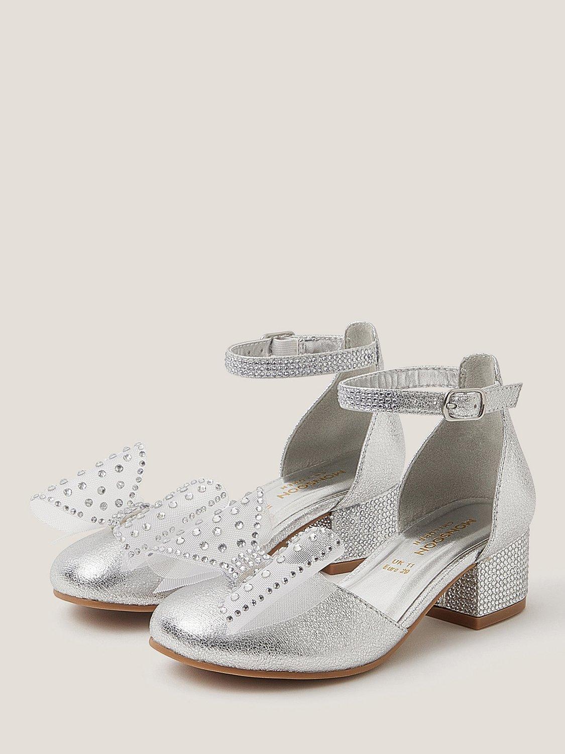 Product image 2 of 11, which shows Monsoon Kids' Diamanté Bow Metallic Two-Part Heels, Silver, 7 Jnr