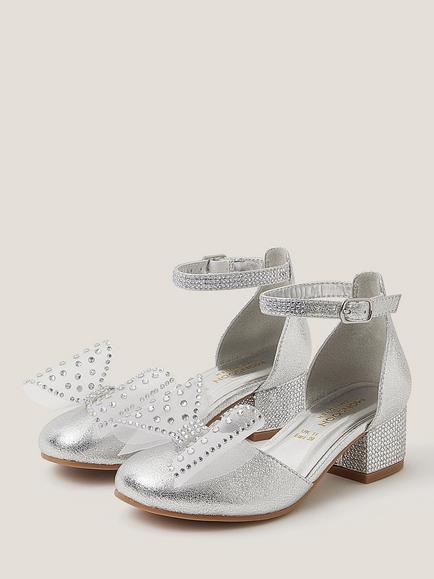 Monsoon Kids' Diamanté Bow Metallic Two-Part Heels, Silver - view 2, Silver