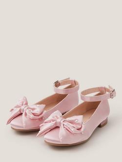 Monsoon Kids' Pearl Bow Satin Flat Shoes, Pink - view 2, Pink
