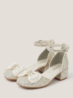 Monsoon Kids' Bow Glitter Chunky Heels, Ivory - view 2, Ivory