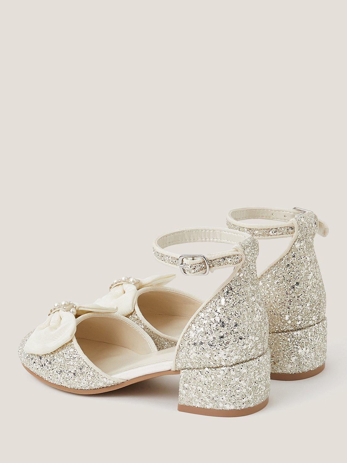Product image 3 of 3, which shows Monsoon Kids' Bow Glitter Chunky Heels, Ivory, 7 Jnr