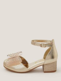 Monsoon Kids' Diamanté Bow Metallic Two-Part Heels, Gold, Gold