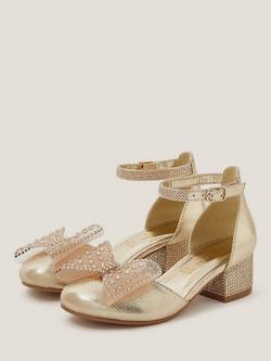 Monsoon Kids' Diamanté Bow Metallic Two-Part Heels, Gold - view 2, Gold