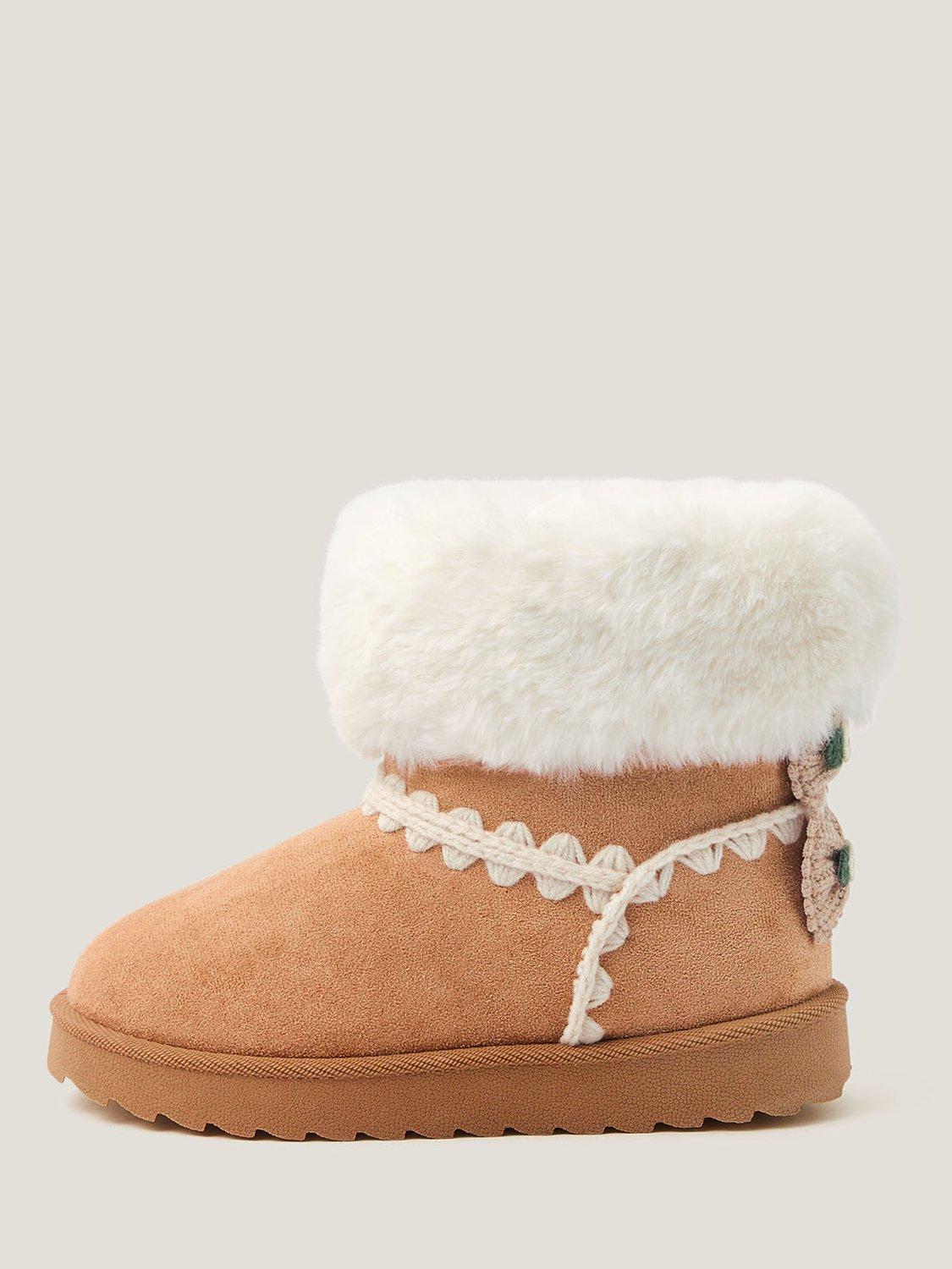 Product image 1 of 3, which shows Monsoon Kids' Crochet Bow Fluffy Ankle Boots, Natural, 7 Jnr