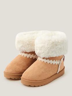 Monsoon Kids' Crochet Bow Fluffy Ankle Boots, Natural - view 2, Natural