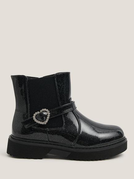Monsoon Kids' Heart Buckle Glitter Patent Boots, Black, Black