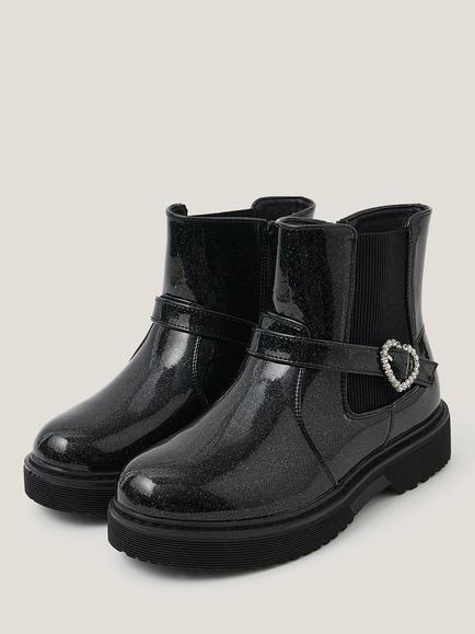 Monsoon Kids' Heart Buckle Glitter Patent Boots, Black - view 2, Black