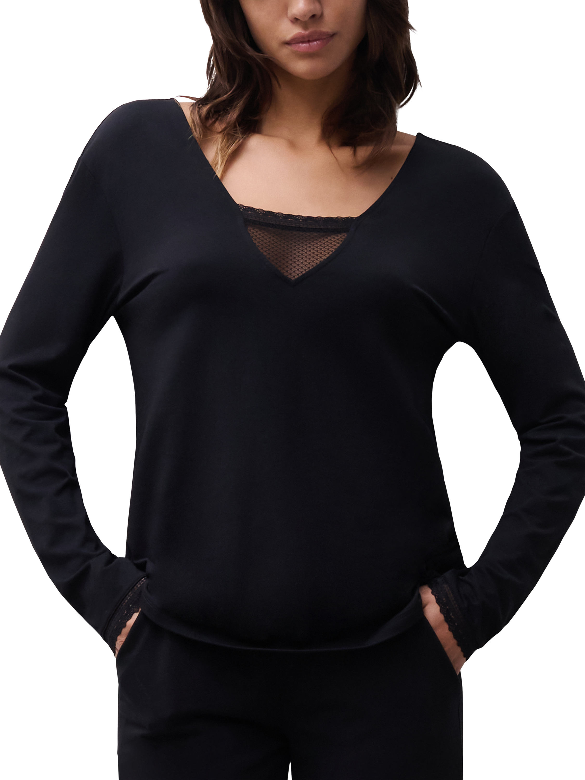 Product image 1 of 6, which shows Chantelle Romance Long Sleeve Lounge Top, Black, S