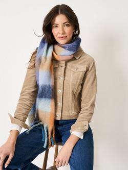 Crew Clothing Check Tassel Scarf, Camel Brown - view 2, Navy Blue