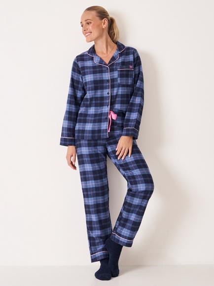 Crew Clothing Flannel Check Button Through Long Pyjama Set, Navy Blue, Navy Blue