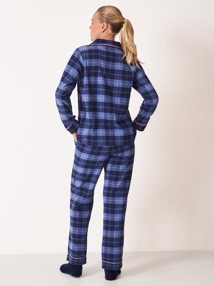 Crew Clothing Flannel Check Button Through Long Pyjama Set, Navy Blue - view 2, Navy Blue