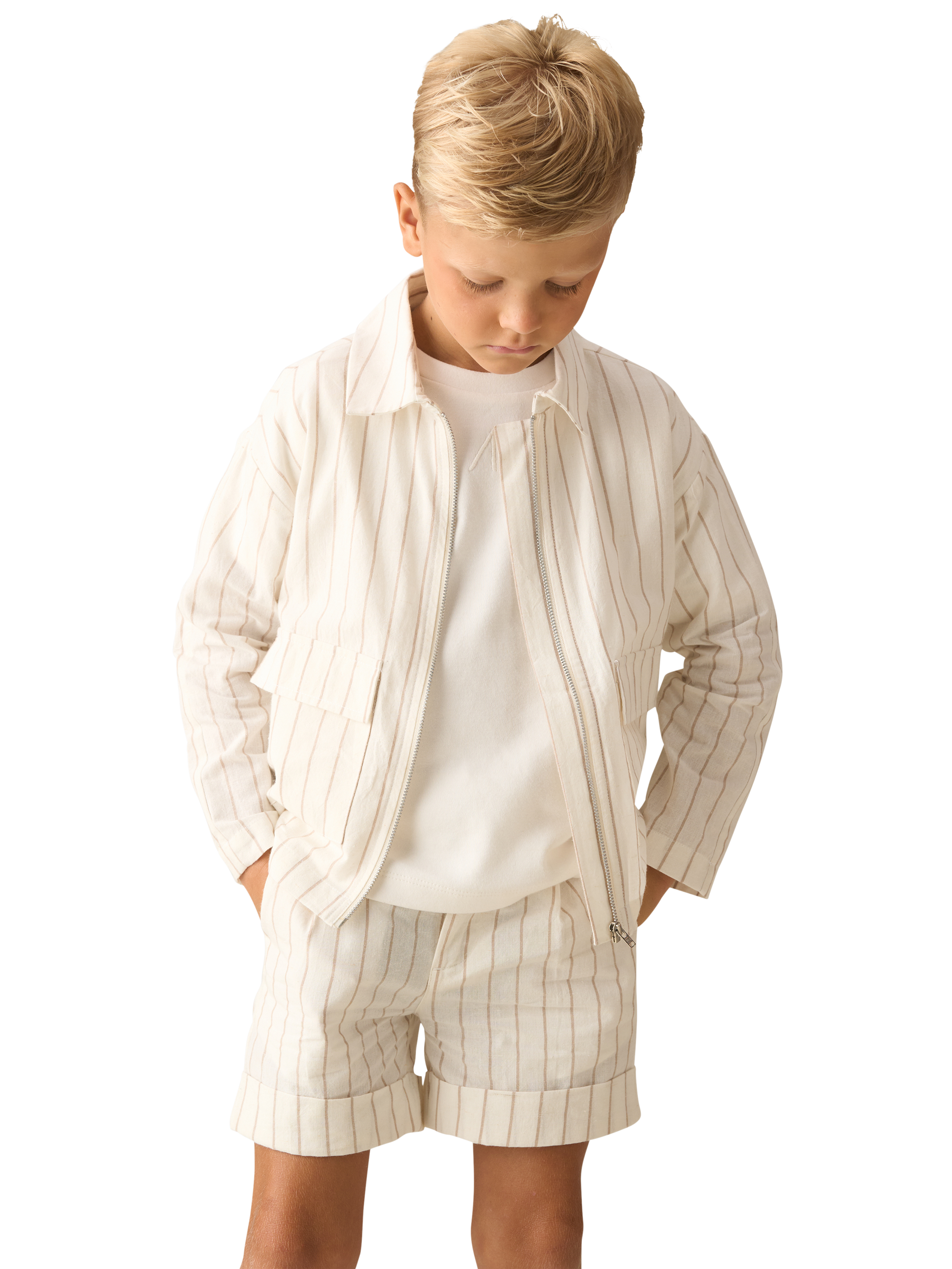 Product image 1 of 7, which shows Angel & Rocket Kids' Ticking Stripe Jacket, Ivory, 3 years