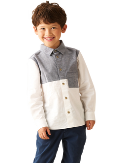 Angel & Rocket Kids' Cotton Long Sleeved Colour Block Shirt, Grey/White, Grey/White