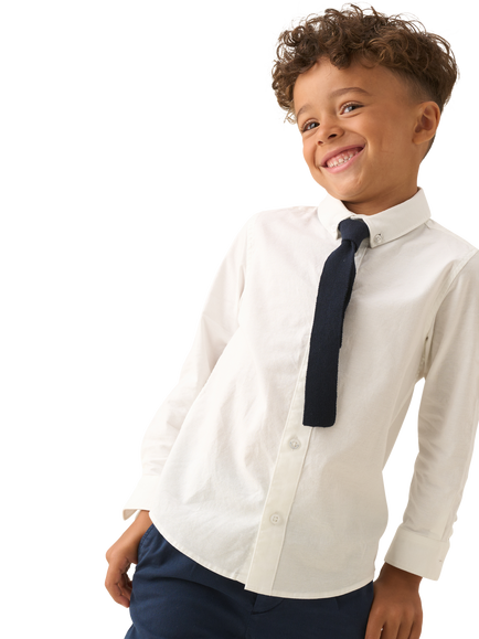 Angel & Rocket Kids' Cotton Long Sleeved Knitted Tie Oxford Shirt, White, White