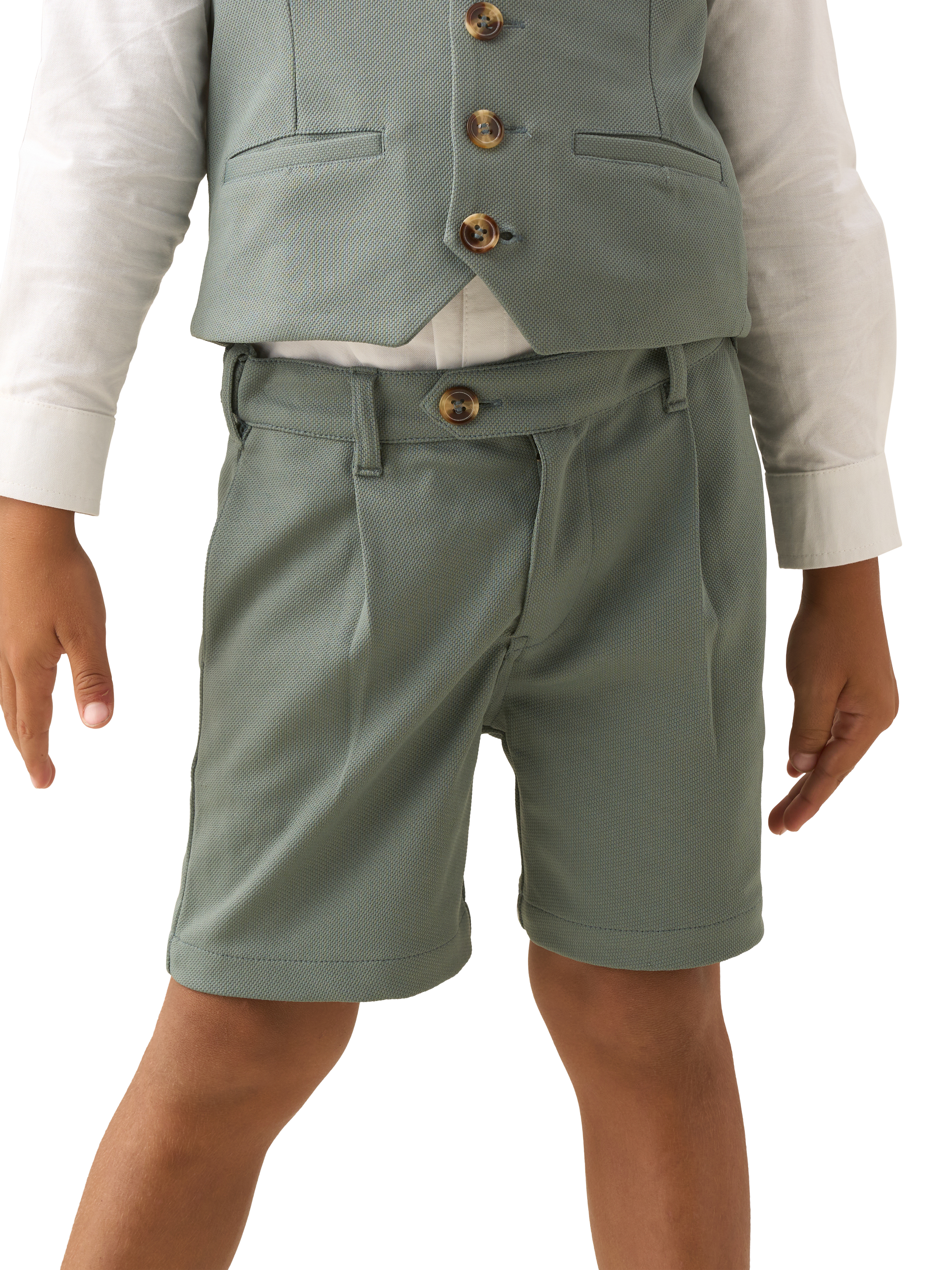 Product image 1 of 5, which shows Angel & Rocket Kids' Pleated Front Smart Shorts, Sage, 2 years