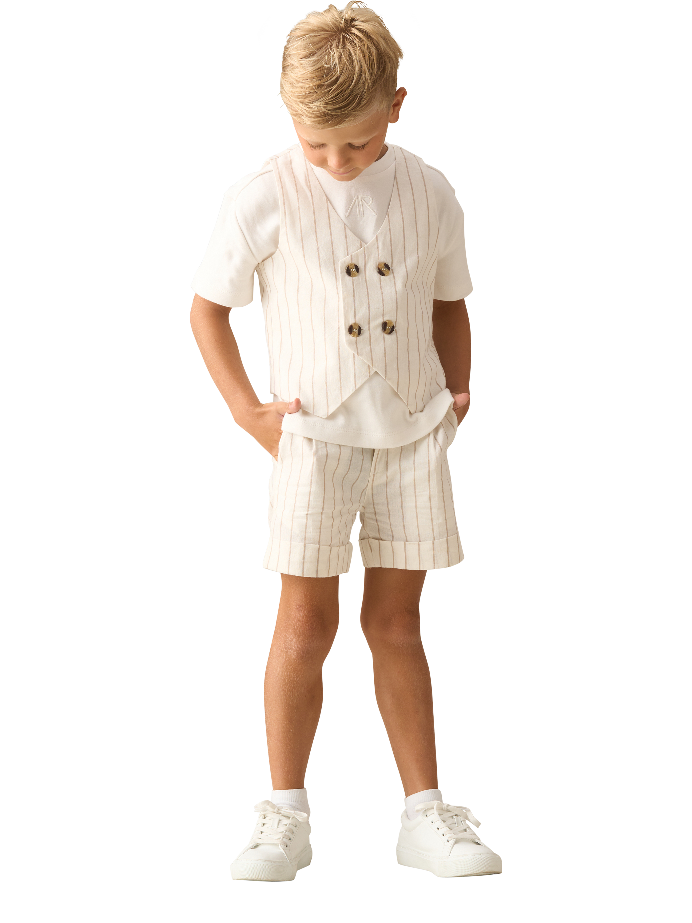 Product image 2 of 3, which shows Angel & Rocket Kids' Stripe Suit Shorts, Ivory, 2 years