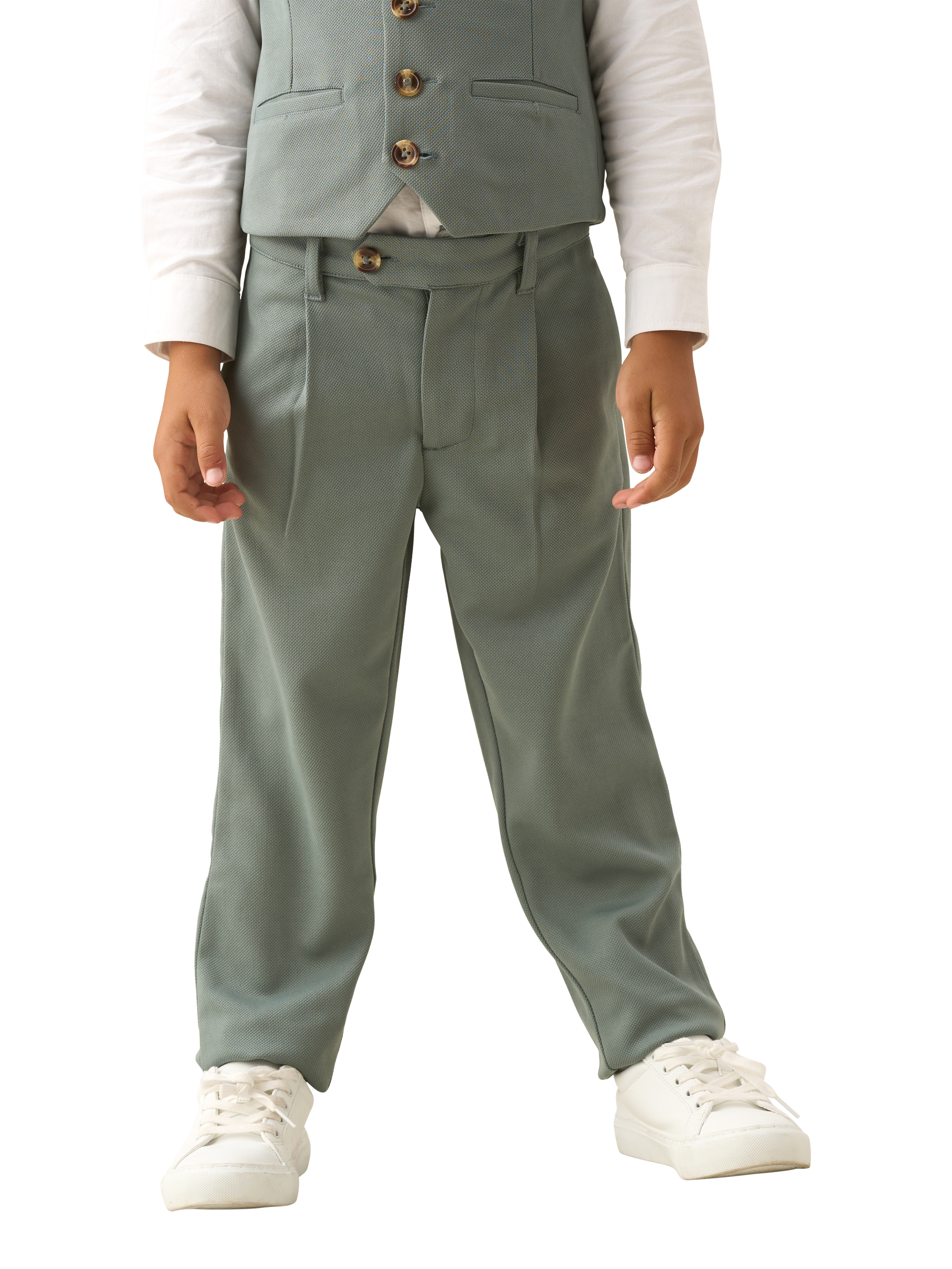 Product image 1 of 7, which shows Angel & Rocket Kids' Smart Textured Trousers, Sage, 2 years