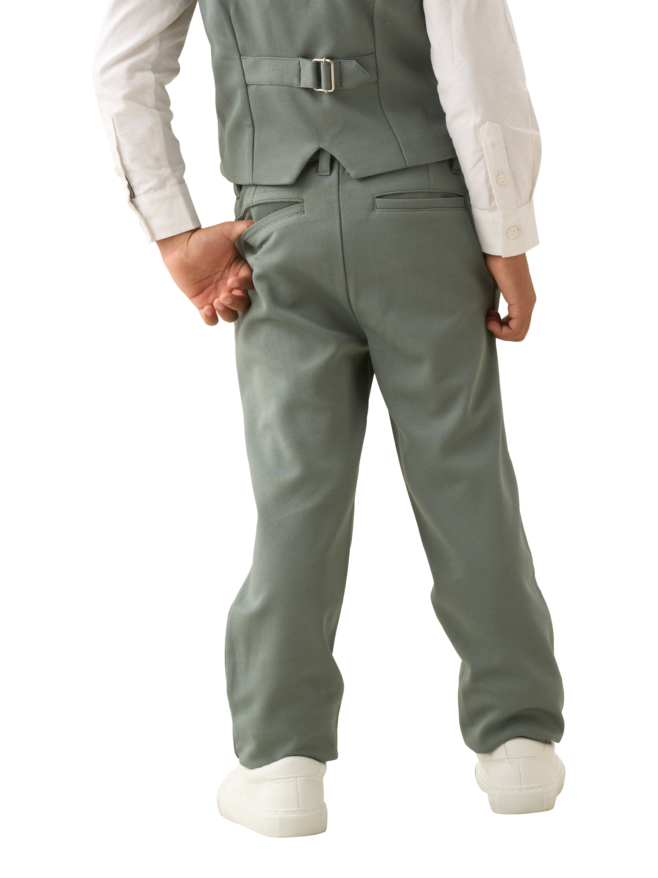 Product image 3 of 7, which shows Angel & Rocket Kids' Smart Textured Trousers, Sage, 2 years