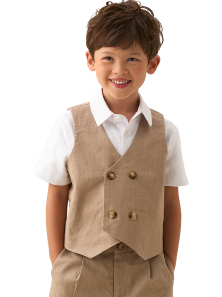 Angel & Rocket Kids' Cotton Blend Double Breasted Waistcoat, Taupe, Taupe