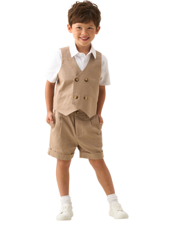 Angel & Rocket Kids' Cotton Blend Double Breasted Waistcoat, Taupe - view 2, Taupe