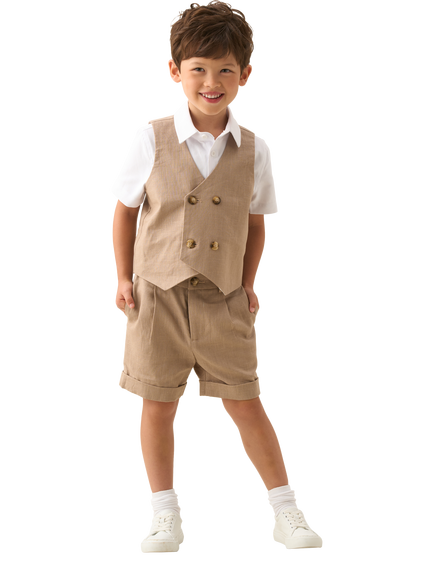 Angel & Rocket Kids' Cotton Blend Double Breasted Waistcoat, Taupe - view 2, Taupe