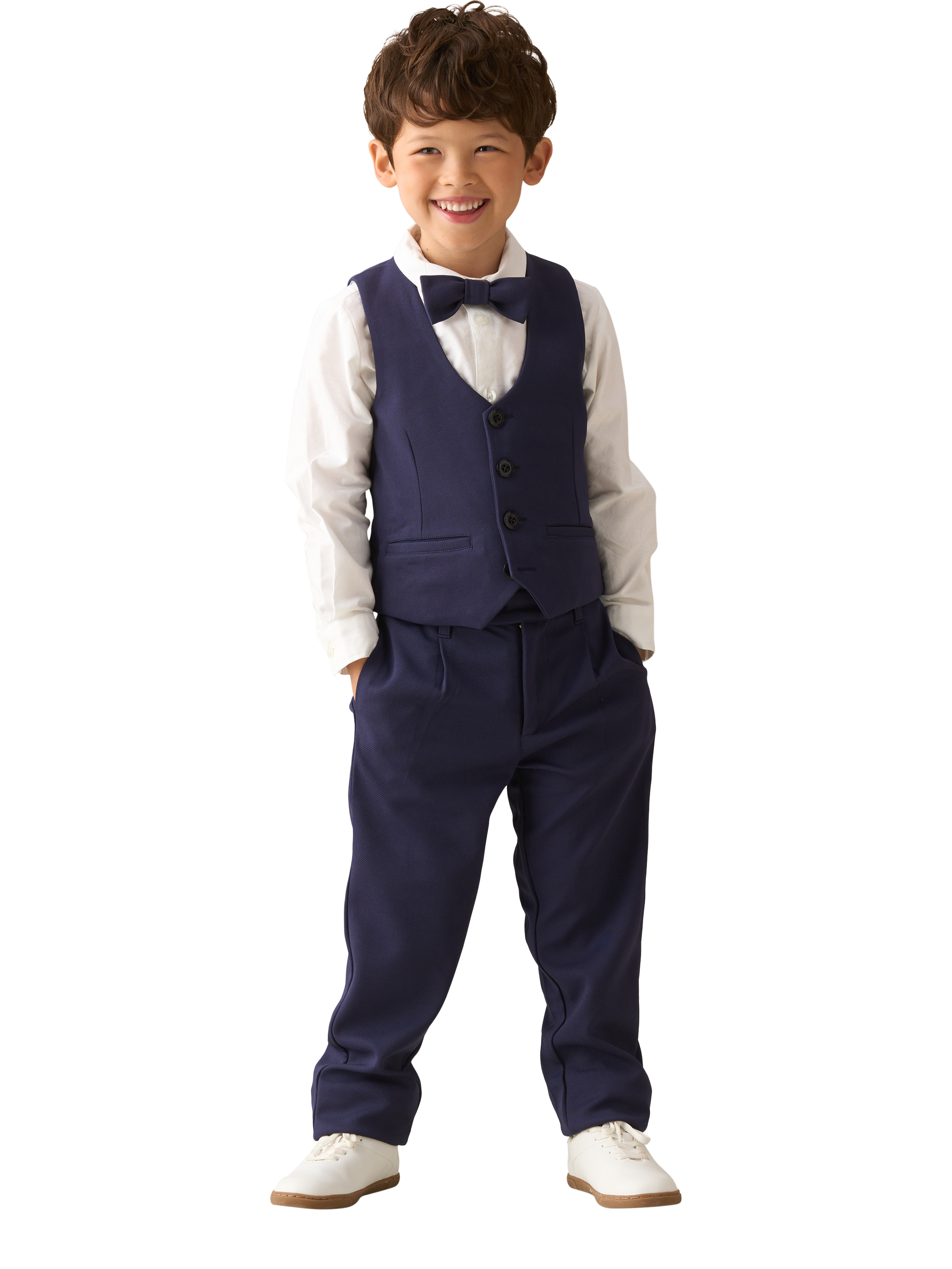 Product image 2 of 5, which shows Angel & Rocket Kids' Smart 3 Piece Waistcoat Set, Navy, 2 years
