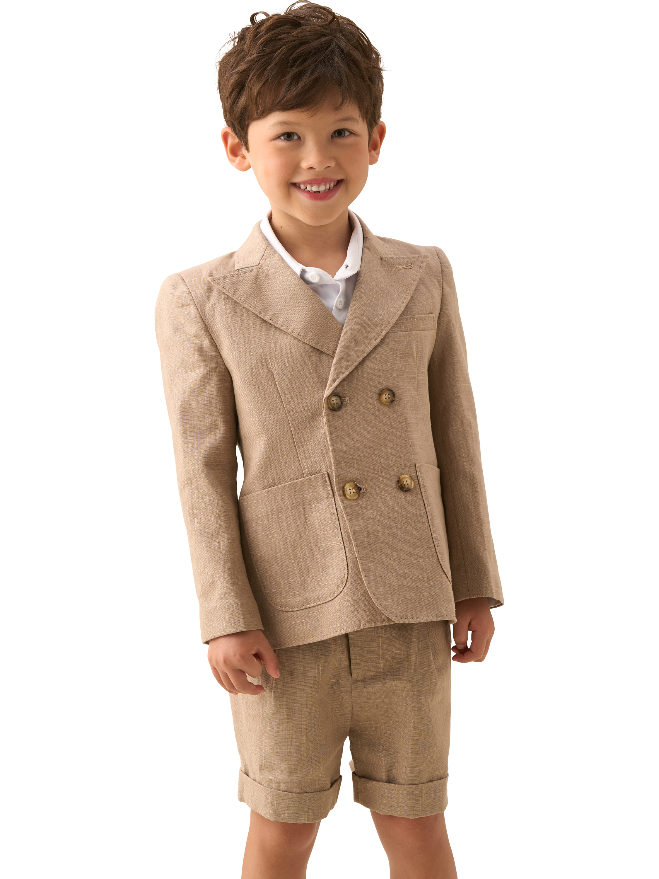 Product image 1 of 5, which shows Angel & Rocket Cotton Blend Double Breasted Blazer, Taupe, 2 years