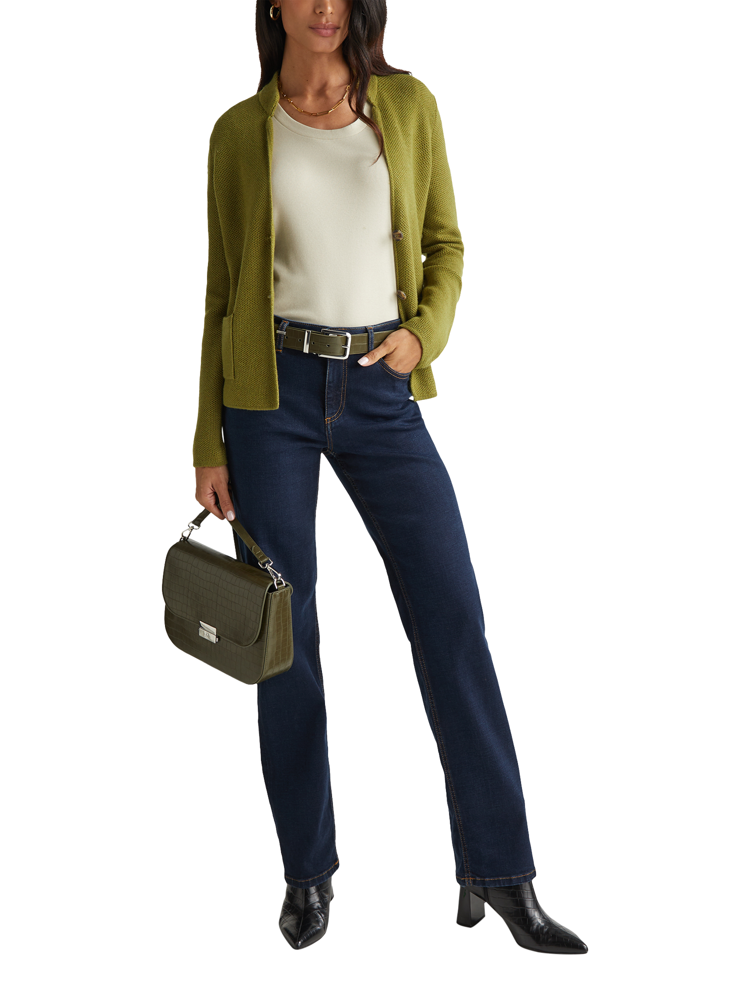 Product image 3 of 6, which shows Benetton V-Neck Honeycomb Knit Jacket, Green, S