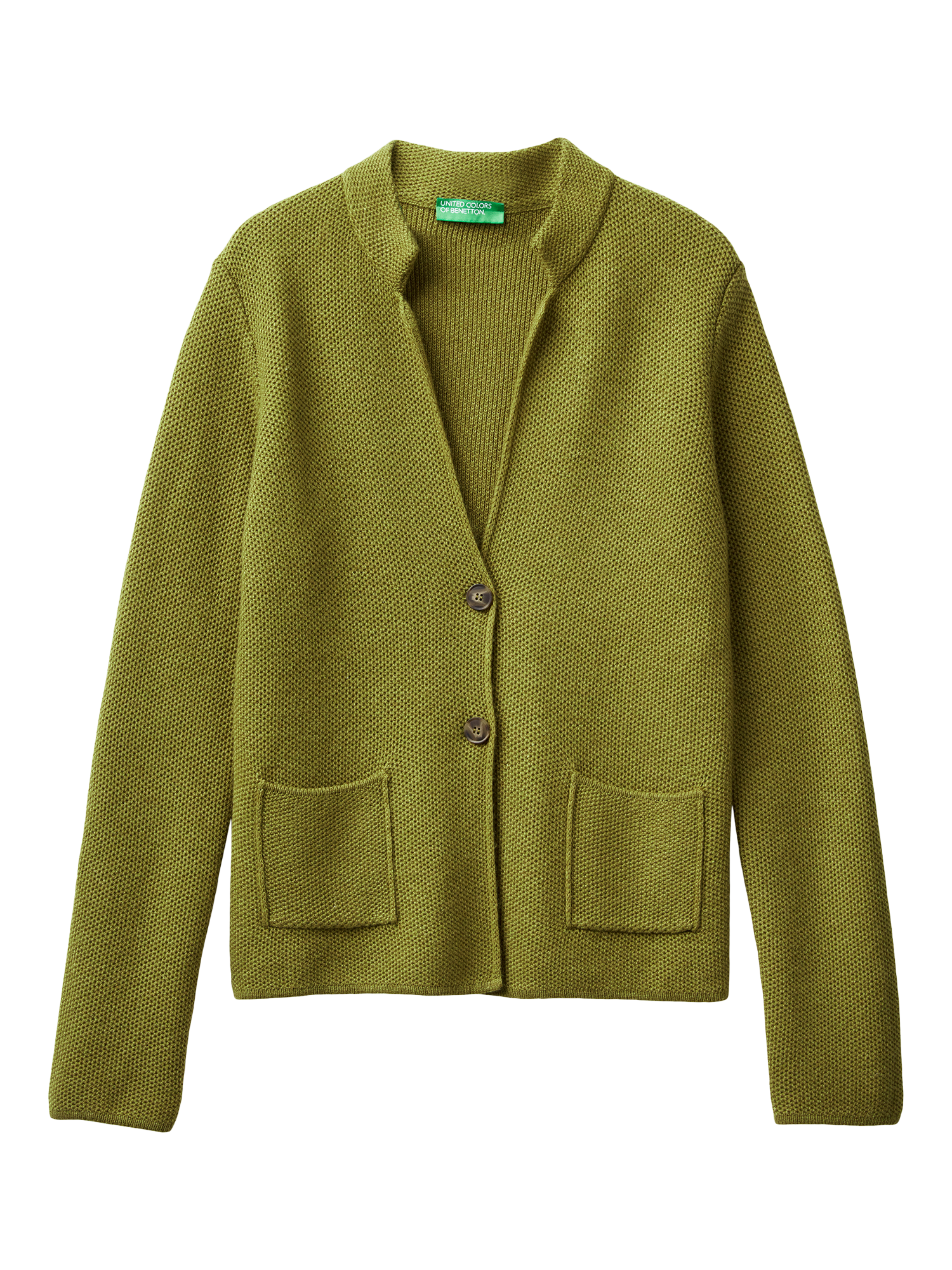 Product image 4 of 6, which shows Benetton V-Neck Honeycomb Knit Jacket, Green, S