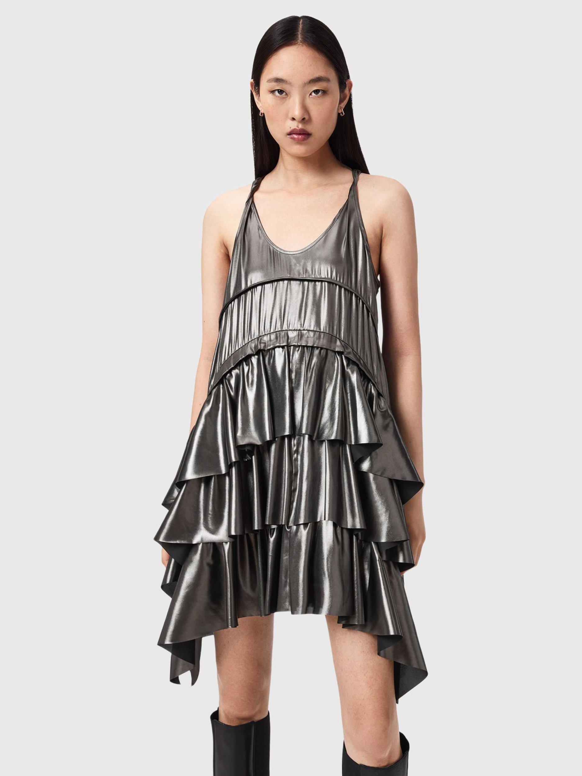 Product image 1 of 5, which shows AllSaints Cavarly Ruffle Tiered Dress, Metallic Silver, 10